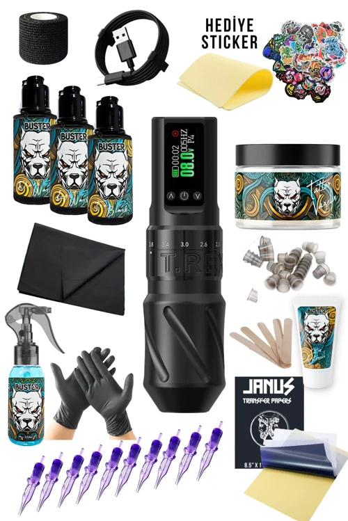 T-Rex Black Kablosuz 7 Stroke Değişebilir Dövme Makinesi Seti - Premium Dövme Seti