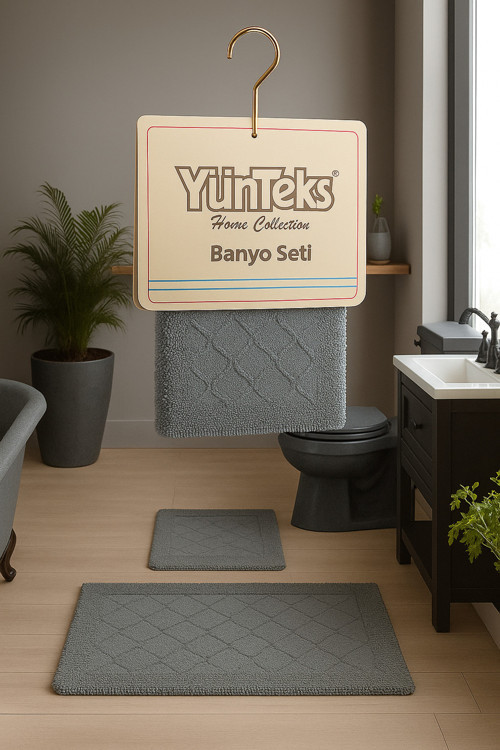 Pamuk Makarna Tufting 2'Li Klozet Takımı , Banyo Seti , Banyo Paspas Seti ,Deniz Kabuğu , Antrasit