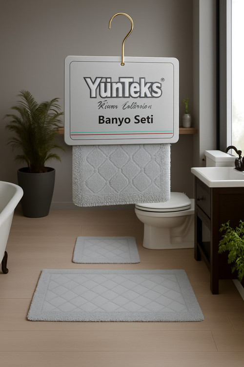 Pamuk Makarna Tufting 2'Li Klozet Takımı , Banyo Seti , Banyo Paspas Seti ,Deniz Kabuğu , Gri