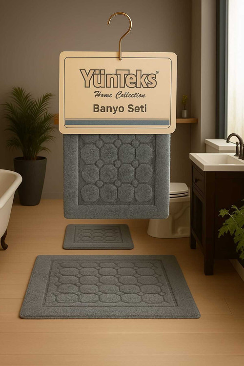 Pamuk Tufting 2'Li Klozet Takımı , Banyo Seti ,Paspas Seti , Su Emici , Petek Desen, Antrasit