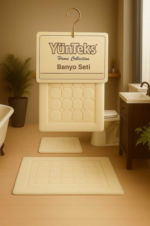 Pamuk Tufting 2'Li Klozet Takımı , Banyo Seti , Banyo Paspas Seti , Su Emici , Petek ,Krem (Bej)