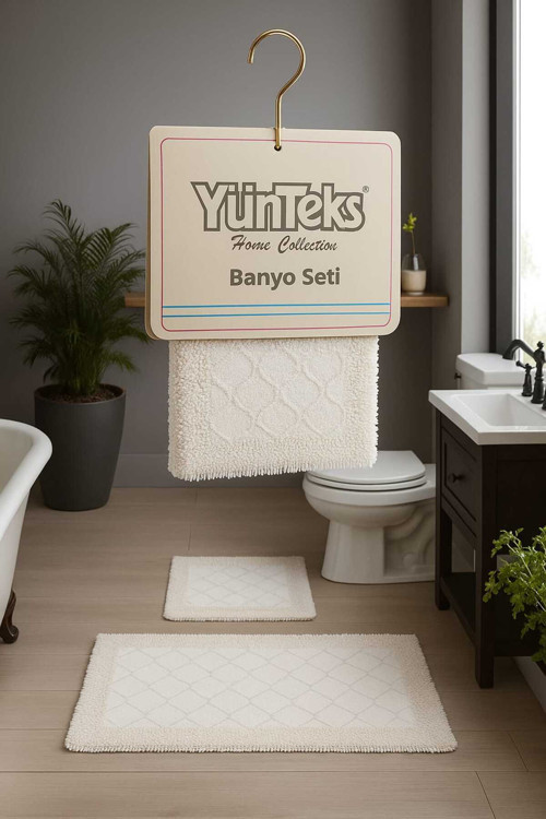 Pamuk Makarna Tufting 2'Li Klozet Takımı , Banyo Seti , Banyo Paspas Seti ,Deniz Kabuğu , Krem (Bej)