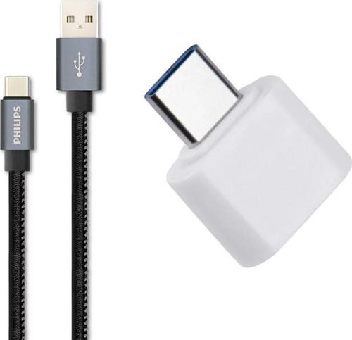 3A 60W UsbA to Type-C Deri Kaplama Hızlı Şarj Data Kablosu 1.2m + ScHitec Type-C to UsbA 3.0 Dönüştürücü Adaptör