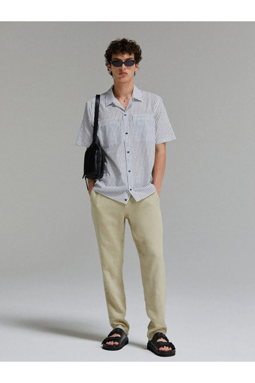 %100 Keten Slim Comfort Fit Pantolon Erkek Bej Pantolon - 325P4Aghsf049