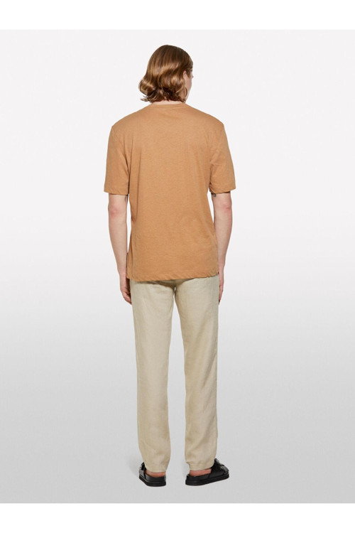 Keten Karışımlı Bisiklet Yaka Regular Fit T-Shirt Erkek Kahverengi T-Shirt - 325P3D8Fs104L