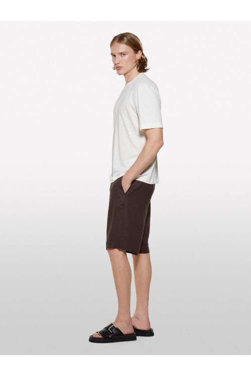 Keten Karışımlı Bisiklet Yaka Regular Fit T-Shirt Erkek Krem T-Shirt - 325P3D8Fs104L
