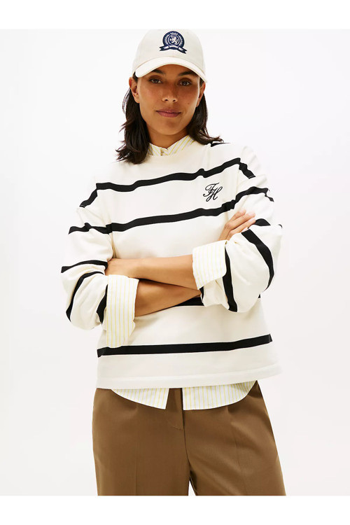 Kadın Rahat Kalıp Pamuklu Yuvarlak Yakalı Çizgili Desenli Uzun Kollu Bej Sweatshirt Ww0Ww48431-0Ab