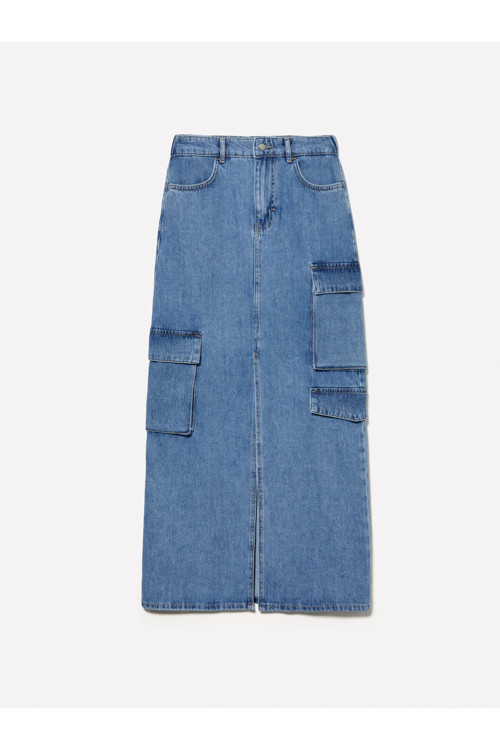Kadın Açık Mavi Denim %100 Pamuk Önü Yırtmaçlı Cep Detaylı Uzun Etek