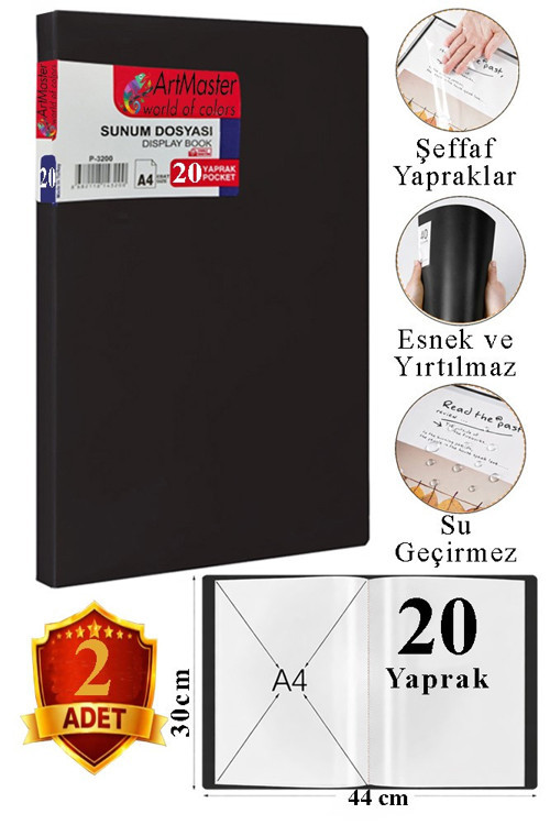 Siyah Sunum Dosyası 20 li 2 Adet Poşet Dosyalı Katalog Dosyası 20 Poşetli Kendinden Dosya Plastik Kapaklı