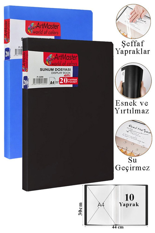 Siyah Mavi Sunum Dosyası 20 li 2 Adet Poşet Dosyalı Katalog Dosyası 20 Poşetli Kendinden Dosya Plastik Kapaklı