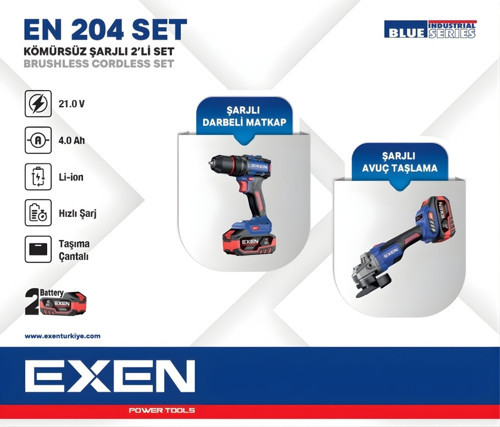 EN 204 SET - 21V 4Ah Kömürsüz Şarjlı Makina 2'li Set EX018023