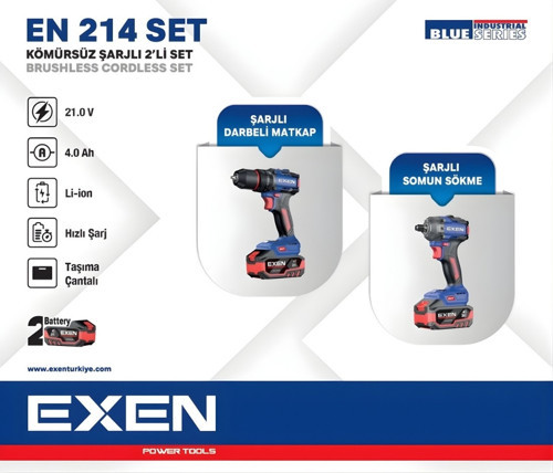 EN 214 SET - 21V 4Ah Kömürsüz Şarjlı Makina 2'li Set EX018026