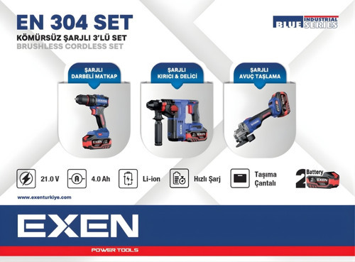 EN 304 SET - 21V 4Ah Kömürsüz Şarjlı Makina 3'lü Set EX018030