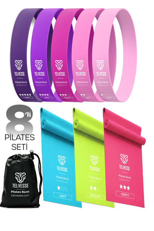 8’li Pilates Direnç Bandı Seti 3 Açık + 5 Kapalı Egzersiz Squat Aerobik İçin Loop Lastik Pembe