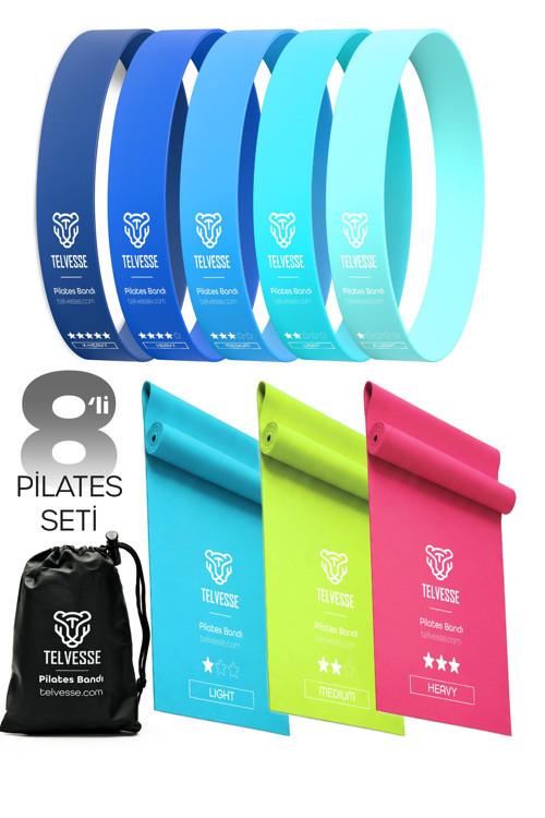 8’li Pilates Direnç Bandı Seti 3 Açık + 5 Kapalı Egzersiz Squat Aerobik İçin Loop Lastik Mavi