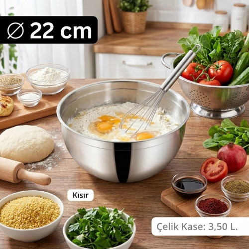 Çelik Kase 22 cm (3.5 L) - Makarna ve Meyve Hazırlama Kasesi