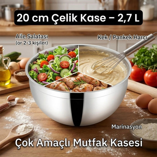 Çelik Kase 20 cm (2.7 L) - Çok Amaçlı Kek, Pasta ve Kurabiye Harcı Hazırlama Kasesi