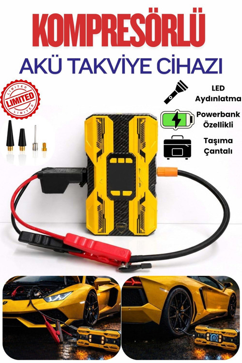 Castu Cs73 Plus Max Akü Takviye Cihazı 18.000 Mah Carbon Özel Seri Powerbank, Hava Kompresörü, LCD Ekran,