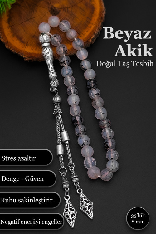 Beyaz Akik Doğal Taş Tesbih Erkek Akik Tesbih BT050