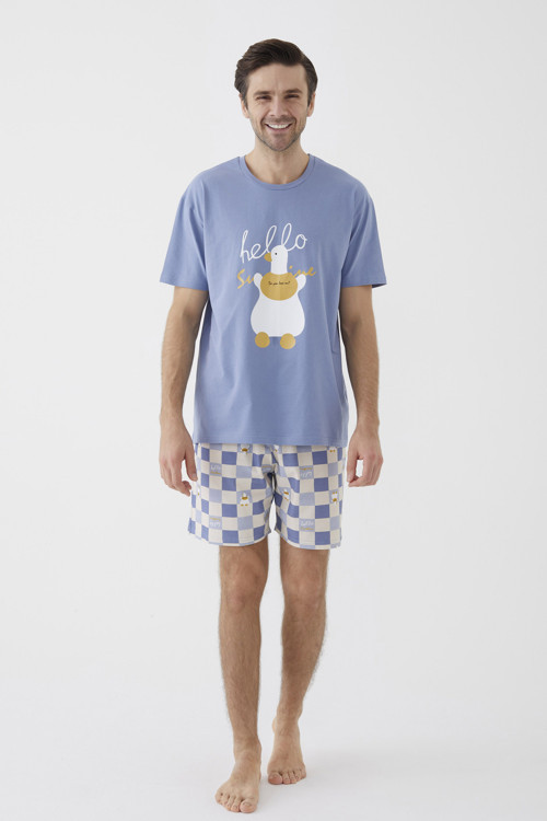 Erkek Kısa Kollu Pamuklu Ekose Desenli Ördek Baskılı Şortlu Pijama Takımı