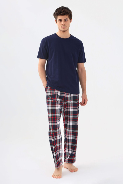 Erkek Kısa Kollu Ekose Desenli Pamuklu Pijama Takımı