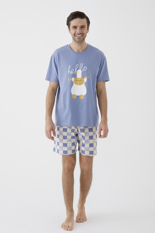 Erkek Kısa Kollu Pamuklu Ekose Desenli Ördek Baskılı Şortlu Pijama Takımı