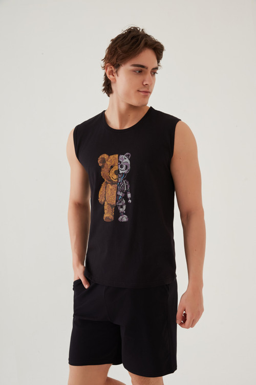 Erkek Pamuklu Sıfır Kollu Baskı Detaylı Şortlu Pijama Takımı