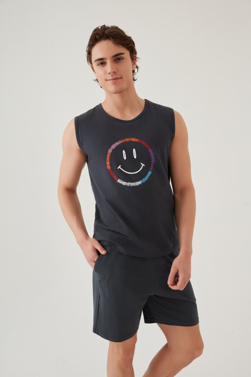 Erkek Pamuklu Sıfır Kollu Baskı Detaylı Şortlu Pijama Takımı