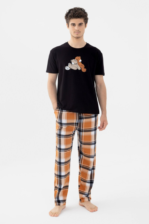 Erkek Kısa Kollu Pamuklu Ekose Desenli Ayıcık Baskılı Pijama Takımı