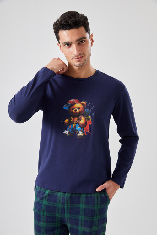 Erkek Pamuklu Ayıcık Baskılı Ekoseli Cepli Pijama Takımı
