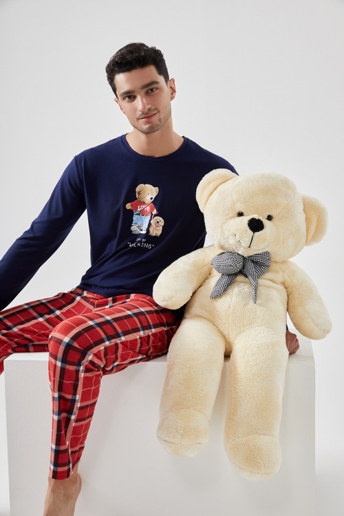 Erkek Yumuşak Dokulu Ayıcık Baskılı Ekose Desenli Pijama Takımı