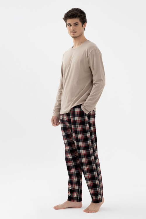 Erkek Pamuklu Uzun Kollu Basic Siyah - Vizon Ekose Desenli Cep Detaylı Pijama Takımı