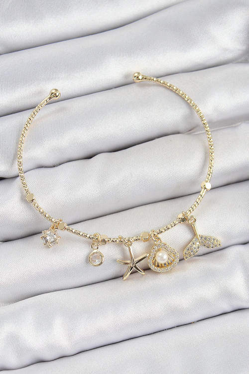 Pirinç Zirkon Taşlı İstiridye Ve Deniz Yıldızı Model Gold Renk Charm Bileklik - TJ-BB735