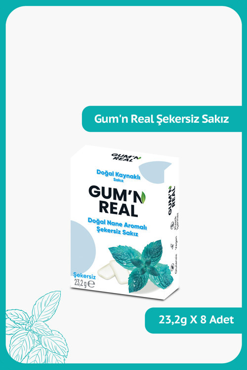 GUM'N REAL - Doğal Nane Aromalı Şekersiz Sakız - 23.2 gram - 8 Adet