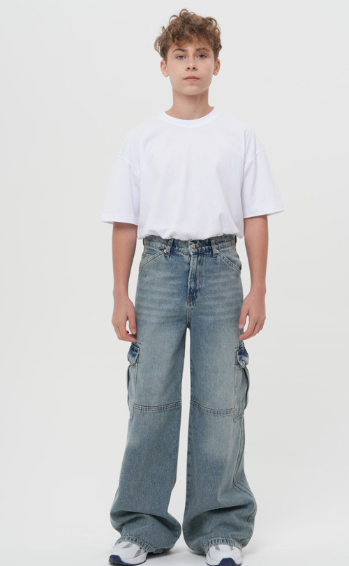 Erkek Çocuk Eskitme Kargo Cepli Kot Pantolon - Geniş Paça ve Bol Kesim