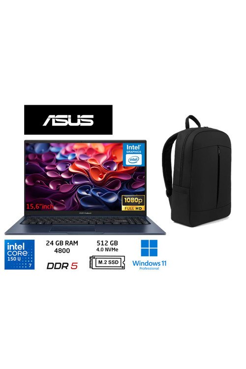 Vivobook 15 Core 7 150U 24Gb-512Gb Ssd-15.6''Windows 11 Pro X1504Va-Bq5456 Notebook+Duddi Çanta
