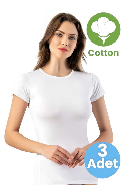 Kadın 3'lü Kısa Kollu Yuvarlak Yaka Pamuklu Atlet T-shirt