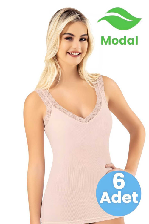 Kadın 6'lı Modal Kaşkorse Kalın Dantel Askı Detaylı Pedli Atlet