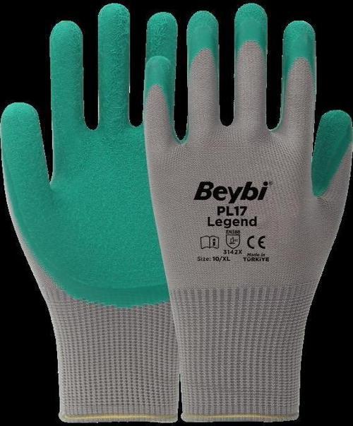 PL17 9 Beden Gri-Yeşil 12li Paket Legend Polyester Örme Lateks Eldiven