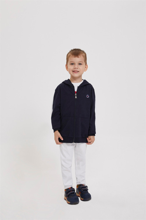 Leo Erkek Çocuk %100 Pamuk Kapüşonlu Fermuarlı Sweatshirt İndigo