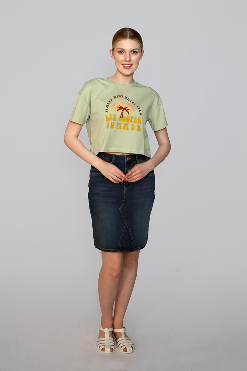 Addy Kadın %100 Pamuk O Yaka T-Shirt Açık Haki