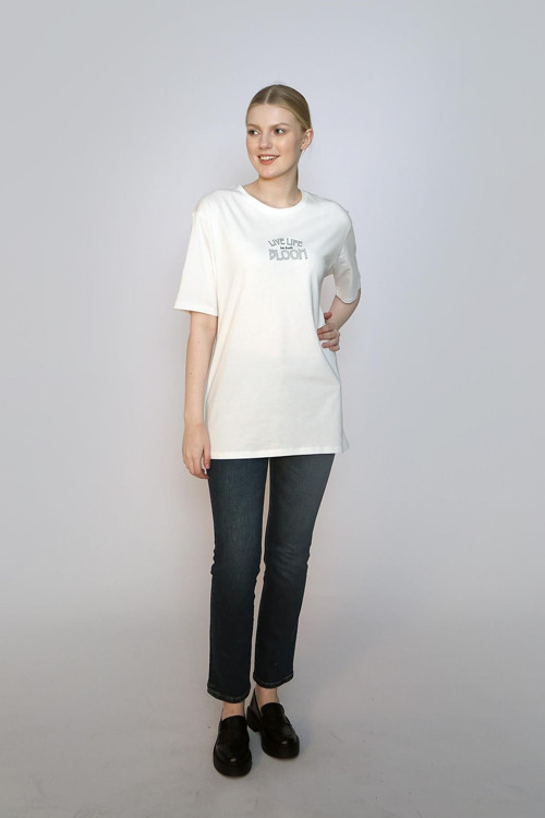 Lades Kadın %100 Pamuk O Yaka T-Shirt Ekru