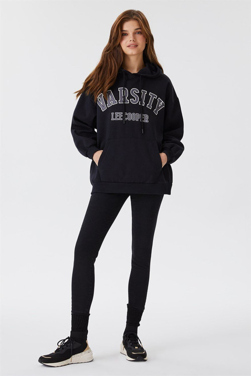 Carla Kadın %100 Pamuk Kapüşonlu Sweatshirt Siyah