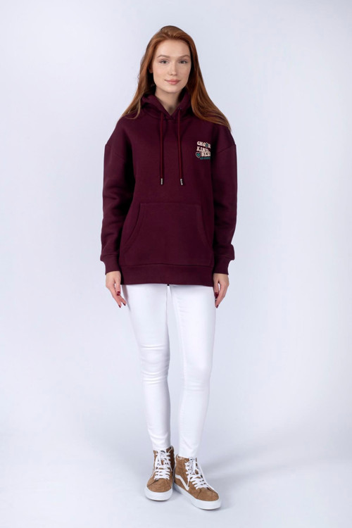 Kindy Kadın %100 Pamuk Kapüşonlu Sweatshirt Mürdüm