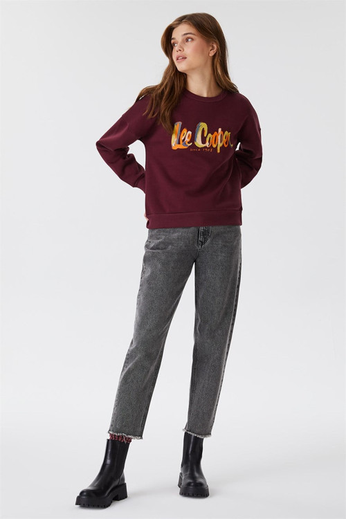 Tila Kadın %100 Pamuk Bisiklet Yaka Sweatshirt Mürdüm