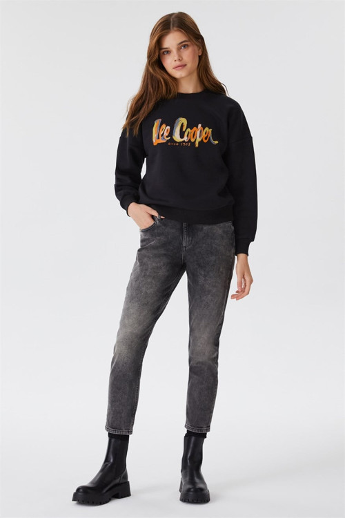 Tila Kadın %100 Pamuk Bisiklet Yaka Sweatshirt Siyah