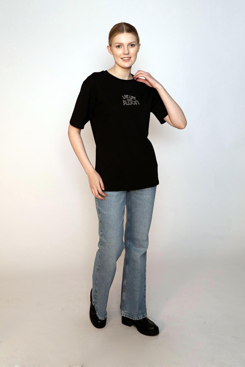 Lades Kadın %100 Pamuk O Yaka T-Shirt Siyah