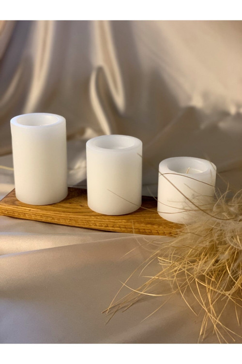 3 Lü Set Beyaz Çökertme Slindir Mum Çap: 6,5