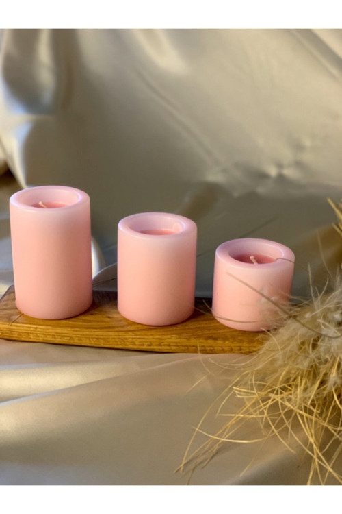 3 Lü Set Pembe Çökertme Slindir Mum Çap: 6,5