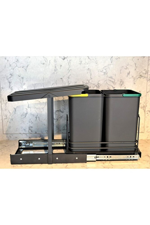 S-2392 Antrasit 12 12 Litre Çöp Kovası Dolap İçi Teleskopik Raylı